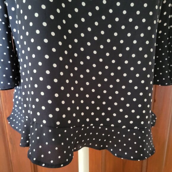 Navy Polka Dot Blouse With Flared Sleeves Talbots M 100% Polyester - Picture 2 of 5